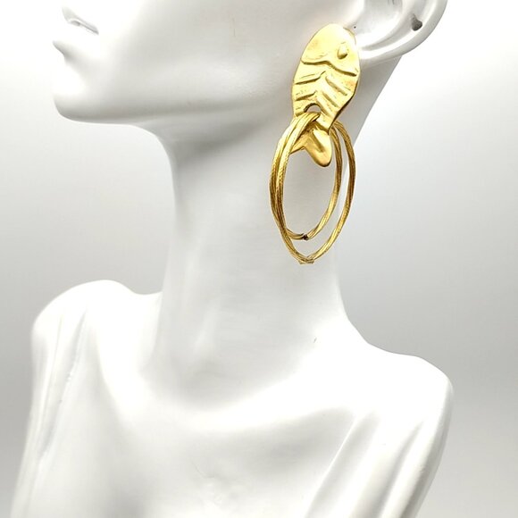 Vintage Norma Jean Matte Gold Fish Hoop Earrings Unique Double Hoop Dangle - Picture 6 of 10